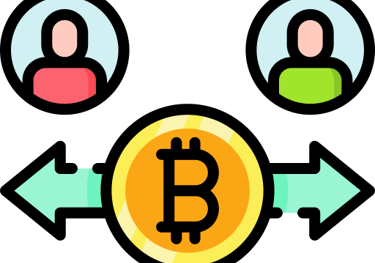 Cartoon-style Bitcoin with two arrows circling it and faces in the top corners representing people t