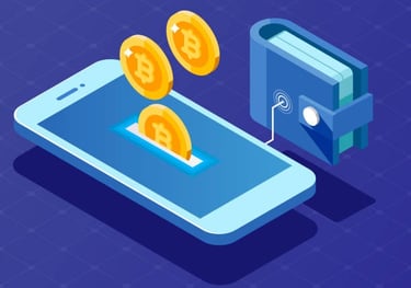 iPhone displaying digital Bitcoins connected to a crypto wallet app on screen.