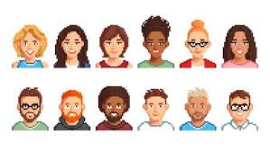 NFT collection of 12 pixel avatar vector images featuring diverse men and women of different races