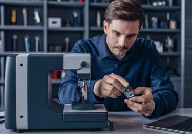 a man from Auto 1 locksmith LLC in a blue shirt is cutting a car key remote
