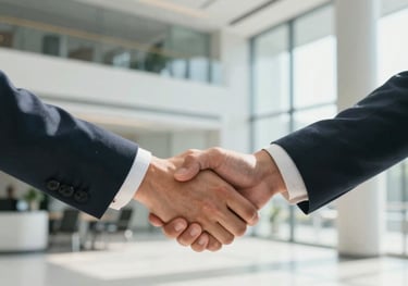 A clean shot of a handshake between two professionals in a bright, modern lobby with steel and glass details in North American / US.