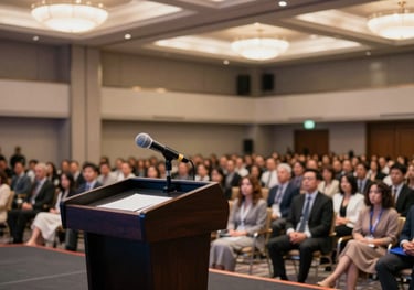 A podium with a microphone in front of a large, professional conference audience in a modern North American / US hotel ballroom, with focus on the stage.