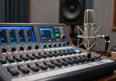 A high-end radio studio setup with a professional microphone and soundboard in North American / US, with soft gray and deep blue lighting.