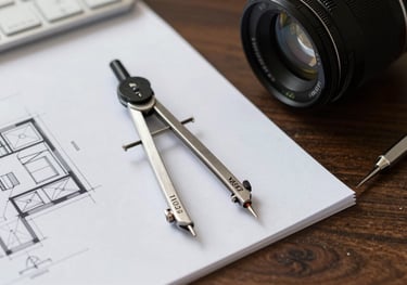 Close-up photography of architectural site plans on a dark wood desk with a high-end metal compass and professional workspace tools in a North American / US office.