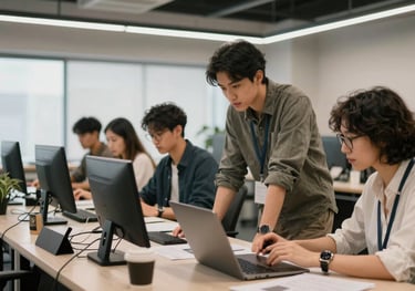 A creative collaboration workspace where diverse professionals are focused on a media project in a modern North American / US creative studio.
