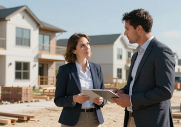 A professional real estate investor in business casual attire surveying a modern residential construction site in North American / US during a clear day.