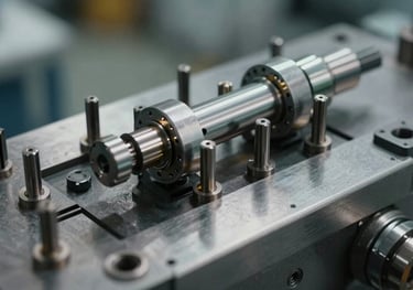 A close-up of high-quality industrial components for plastic injection molds. The photo shows intricate details of ejector pins and sleeves under cool workshop lighting.