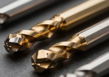 Close-up of precision cutting tools, specifically carbide end mills, reflecting a golden metallic sheen. Professional macro photography highlighting sharp edges and industrial quality.