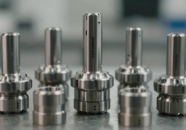 A set of high-precision mold guide pillars and bushings arranged neatly. The metal surfaces are polished to a mirror finish, highlighting the precision engineering of Coremate products.