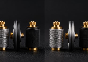 Side-by-side comparison of industrial suction cups on a black background, showing different textures and gold-colored fittings. Sharp focus and high contrast.