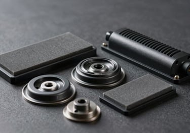 A collection of high-grade industrial vacuum pads and suction cups displayed on a dark grey surface. The material looks high-quality and durable under professional studio lighting.