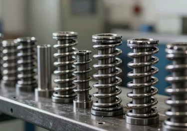 A row of heavy-duty metal stamping die springs in various sizes, finished in a clean industrial style. Focused composition showing the high-precision manufacturing of these standard parts.