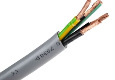 A gray multicore electrical cable with stripped copper wires and color-coded insulation.