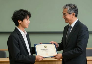 A student receiving a certificate of completion from a mentor, both smiling, set in a professional auditorium with sage green accents.