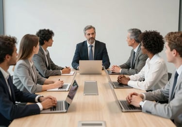 A group of diverse corporate professionals in a boardroom meeting, representing CSR partnership and success. The atmosphere is professional and trustworthy, with a clean off-white palette.