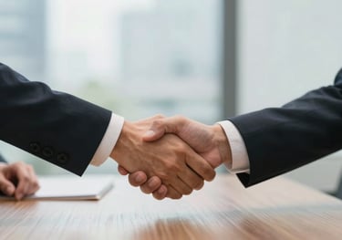 A clean shot of two professionals shaking hands across a wooden table in a brightly lit, modern corporate setting, emphasizing trust and collaboration.