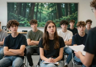 A group of students sitting in a modern workshop setting, actively participating and listening to a speaker, with a blurred deep forest green banner in the background.