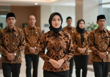 A professional group of Indonesian / Javanese office employees in a modern lobby, wearing matching elegant batik shirts and dresses in batik brown and black.