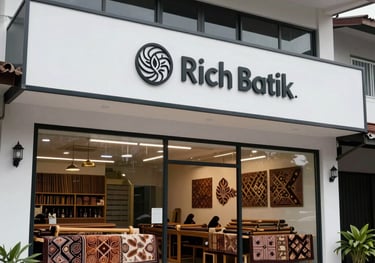 Exterior of a professional and modern batik workshop in Sragen, Indonesia, with clean architecture and a sign displaying the Rich Batik logo.