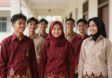 A group of Indonesian / Javanese students in a clean school hallway, smiling and wearing neat, well-tailored batik uniforms in deep crimson and parchment tones.