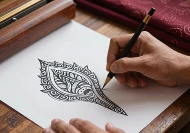 A close-up of a designer's hands sketching a traditional batik pattern on paper, with a batik canting and deep crimson fabric swatches on a wooden desk.