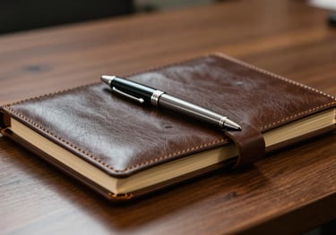A close-up of a high-quality leather notebook and a sleek pen on a wooden table in an International / Global boardroom. The lighting is elegant and focused, emphasizing precision and thought.