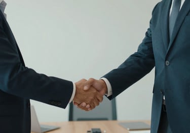 Two professionals in an International / Global office shaking hands over a meeting table. The composition is clean and modern, highlighting trust and professional partnership. Palette includes deep blue and dark teal.