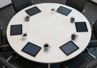 An aerial view of a clean, white round table in an International / Global meeting room. Several coffee cups and professional tablets are arranged neatly. The scene represents a harmonious brainstorm session.