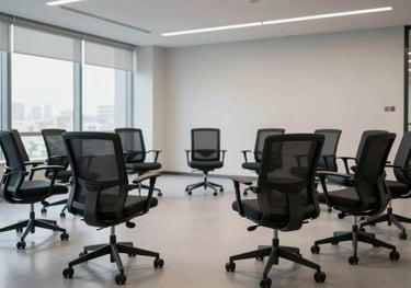 A modern, bright training room in an International / Global corporate building. Modern ergonomic chairs are arranged in a circle, suggesting an inclusive and collaborative learning environment.