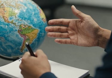 A close-up of a person's hands during a coaching session in an International / Global setting. One hand is gesturing for clarity while the other takes notes. Focus on the human connection and active listening.