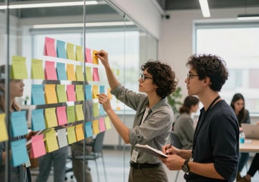 A group of professionals engaged in a workshop in a bright International / Global studio. They are working with colorful notes on a glass wall. The atmosphere is energetic, creative, and collaborative.