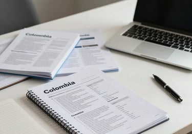 A workspace with multiple printed study guides, a laptop, and a notebook, arranged neatly in a bright room in Colombia.