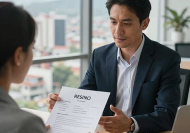 A consultant in professional attire reviewing a resume with a candidate in a modern office with views of a Colombian cityscape.