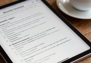 Close-up photography of a tablet displaying a complex multiple-choice questionnaire with a cup of Colombian coffee on a wooden desk.