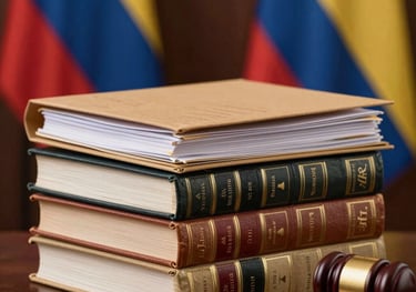 A professional set of physical folders and bound law books with Colombian flags in the background, symbolizing legal and state knowledge.