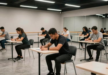 A wide shot of a modern training room in Colombia where a group of professionals is engaged in a mock examination process, neutral colors.