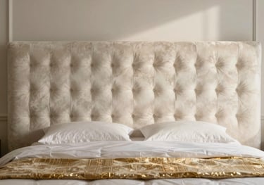 A luxury master bedroom design in an Indian home featuring a plush headboard, layered lighting, and a palette of off-white and gold, shot with soft natural light.