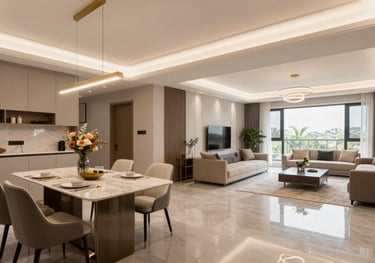 A wide shot of a completed luxury turnkey interior project in Ranchi, showcasing a seamless transition between the dining area and the living room.