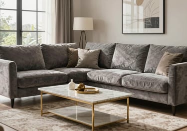 A bright and airy living room in Ranchi featuring a modern velvet sofa, a marble coffee table with gold legs, and large windows.