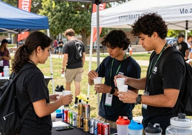 Students mingling happily around tables with wellness vendors at a sunny outdoor event.