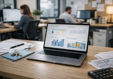 Rental revenue management workspace with laptop showing pricing and occupancy charts, apartment keys