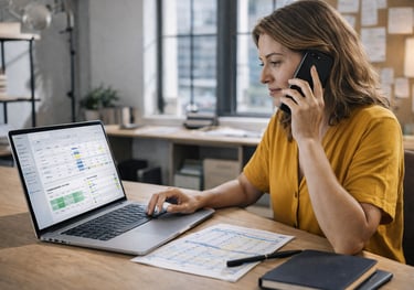 Reservation manager coordinating bookings on a laptop while speaking on the phone in a small modern 