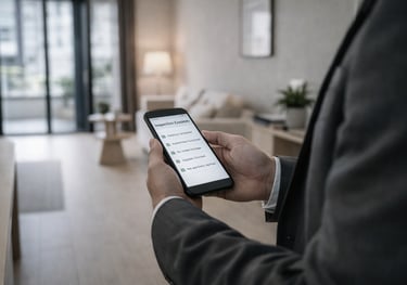 Property inspector reviewing a digital inspection checklist on a smartphone inside a bright modern a