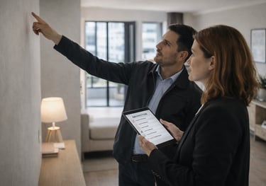 Two property inspectors conducting an apartment walkthrough with a tablet checklist, discussing a ma