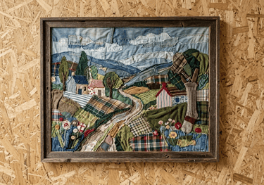 Tableau représentant un paysage bucolique réaliser entièrement en chutes de tissus