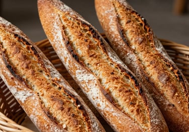 Close-up shot of several traditional French baguettes in a wicker basket, showing their perfectly golden, crispy crust and dusted flour surface. Warm tan colors.