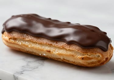 A macro photograph of an éclair au chocolat, glistening with a dark chocolate glaze, resting on a white marble surface. Refined and sophisticated style.