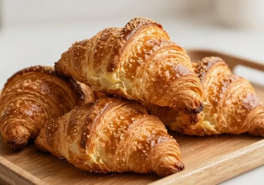 A close-up of buttery, flaky croissants stacked on a tan wooden tray, captured in soft morning light highlighting the delicate layers of pastry.