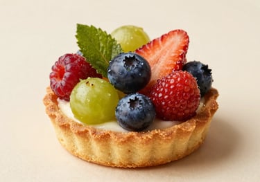 A beautiful tartlet with fresh, colorful forest fruits on a delicate pastry base, shot on a light cream surface with a sophisticated French pastry aesthetic.