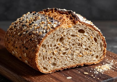 A professional food photograph of a rustic cereal bread loaf, sliced to reveal a dense, seed-filled interior. Placed on a dark brown wooden board with light cream crumbs around it.